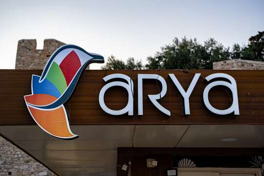 Close up of Arya Turistik Tesisleri logo in Kusadasi. Kusadasi, Turkiye - August 21, 2026.