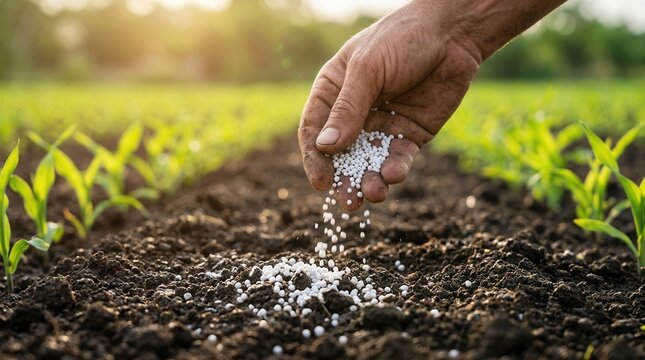 In a vibrant green arable field during golden hour sunlight, a farmer applies nitrogen phosphorus potassium fertilizer to rich dark soil with ample copyspace.