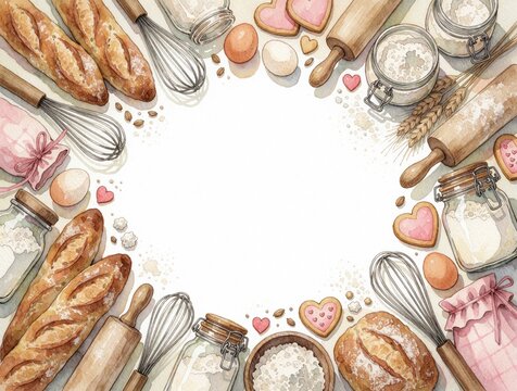 Watercolor illustration of baking ingredients, kitchen tools in circular frame. Bread loaves, flour jars, eggs, whisks, rolling pins arranged around white empty space. Creative food composition for