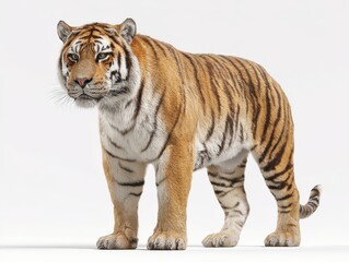 Fototapeta premium Majestic Bengal Tiger Standing Isolated On White Background With Detailed Fur Texture