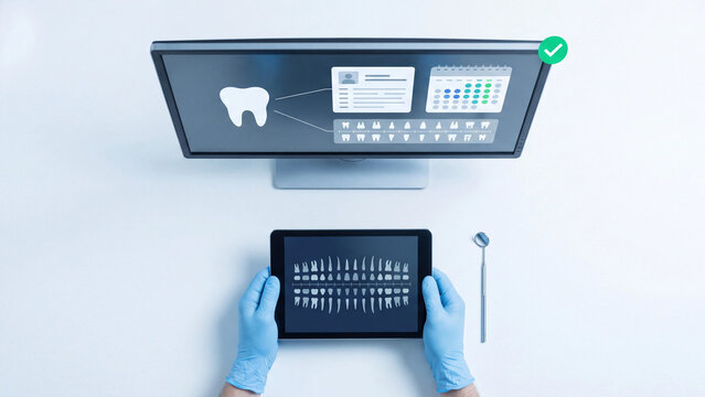 Digital dental charting and clinic management concept, overhead view of gloved hands holding a tablet with tooth charts beside a dental mirror and a monitor showing records and a booking calendar