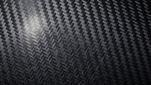 Angled carbon fiber twill weave texture background, black woven composite material tilted across the frame with a raking light sweep and glossy anisotropic sheen, dynamic motorsport backdrop