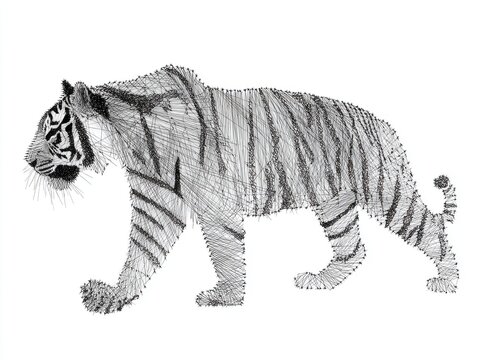 Stippling Dot Art Illustration Of A Walking Tiger On White Background