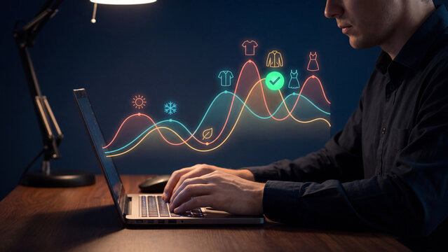 Seasonal fashion forecasting and retail demand planning concept, analyst using a laptop with glowing trend curves, clothing and weather icons and a green checkmark over a wooden desk in an office