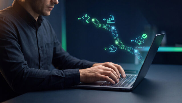 Textile supply chain traceability and sourcing verification concept, operator using a laptop with a glowing chain linking cotton, fabric, factory and shirt icons with approval checks in an office