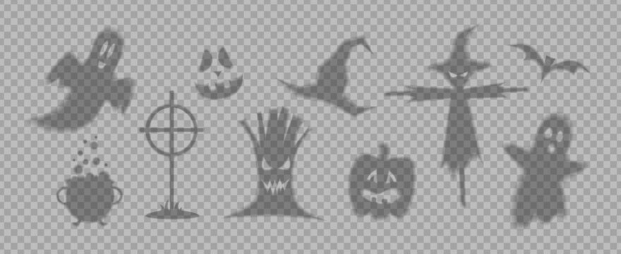 Halloween shadow overlay collection with scary ghost silhouettes and monster figures on transparent background. Spooky creepy witch and bat vector designs for holiday posters and horror decor.