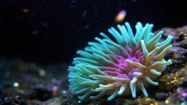 Bioluminescent sea anemone glowing underwater on rocky reef