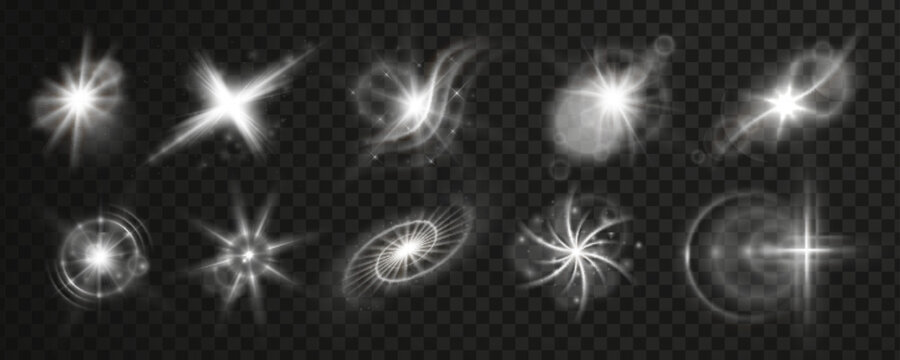 White twinkle flare with radiant light effect and glowing star burst. Flash elements with shine, lens transparency and bright sparkle. Isolated glitter sparks with magical starlight and soft beams.