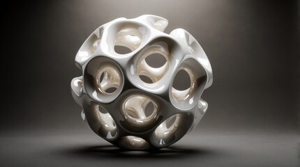 Plakat Abstract white glossy sculpture with organic geometric shape. Modern 3D rendered sphere features smooth curved lines, porous cellular structure. Minimalist complex form with holes, soft shadows on
