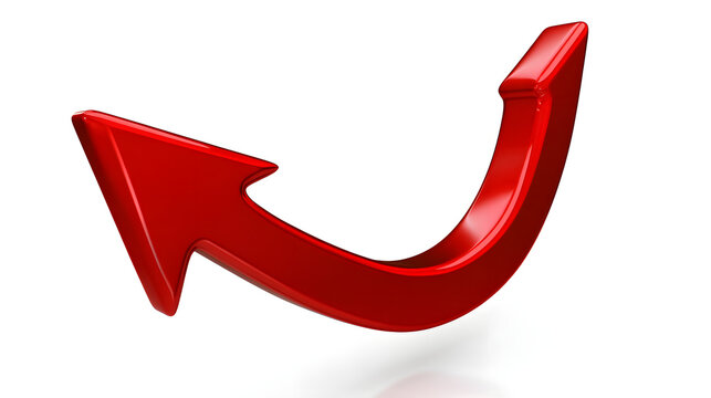 A gleaming red arched arrow pointing upwards on a pure white backdrop. Ideal for illustrating themes of business expansion and financial prosperity.