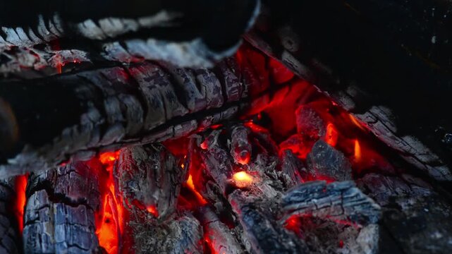 Macro closeup of glowing campfire embers and burning logs with fiery heat. Seamless loop macro closeup of glowing campfire embers and burning logs, perfect for background video, ambient media, and ASM
