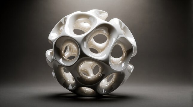 Abstract white glossy sculpture with organic geometric shape. Modern 3D rendered sphere features smooth curved lines, porous cellular structure. Minimalist complex form with holes, soft shadows on