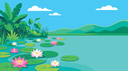 Obraz premium Vector illustration of a serene pond with blooming pink and white lotus flowers, green lily pads, tropical foliage, and hills.