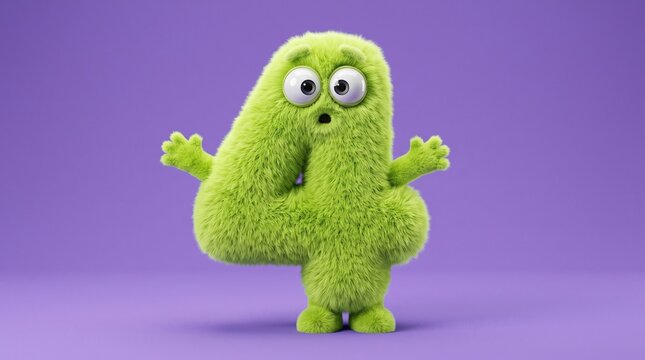 Curious Green Fluffy Number Four Monster with Open Arms on Purple Background, 3D Furry Character for Kids Learning App, Sticker Pack and Education Design.