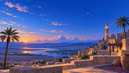Obraz premium Ancient Arabian town during blue hour 