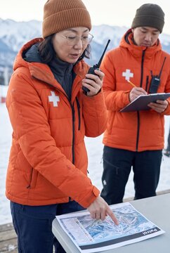 Generative AI, Ski patrol coordinating rescue with radio and trail map