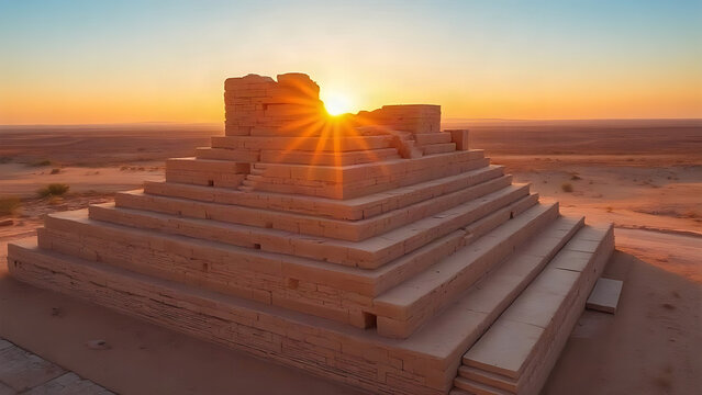 Ruins of a stepped ziggurat in a desert landscape at sunset.