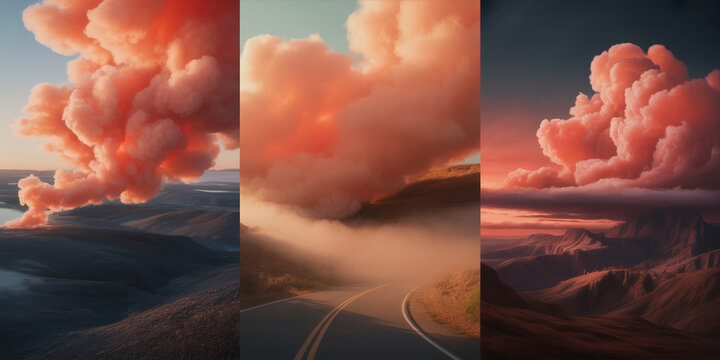Three vertical scenes of massive pinkish clouds over landscapes and a winding road path