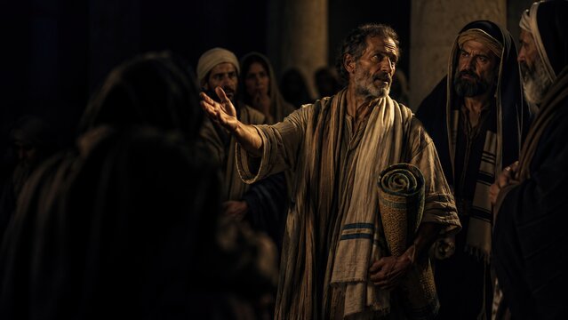 Healed man holding his mat telling crowd about miracle in Jerusalem. Biblical scene of paralyzed man healed by Jesus at Bethesda pool after 38 years.