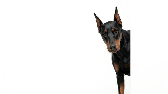 Peeking Doberman Pinscher Dog Face looking at camera, isolated on white, transparent background
