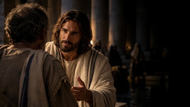 Jesus Christ talking to sick man lying at Bethesda pool. Son of God extending hand in compassion to sufferer in ancient Jerusalem colonnade.