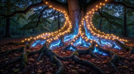 Fototapeta premium Magical old tree with glowing blue roots, golden lights in dark forest. Enchanted woodland scene shows luminous energy under large branches. Mystical fantasy nature landscape with sparkling roots,