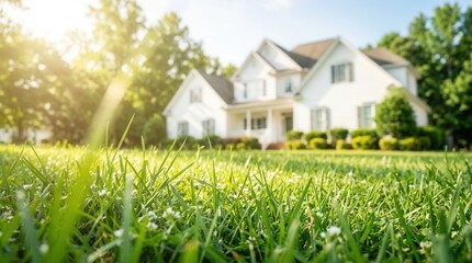 Obraz premium Blurred view of a beautiful house with green lawn on a sunny day