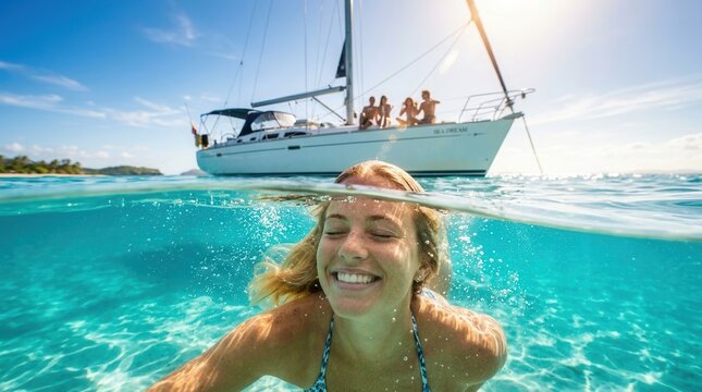 Summer vacation and travel concept with happy friends diving from a sailing boat into the sea