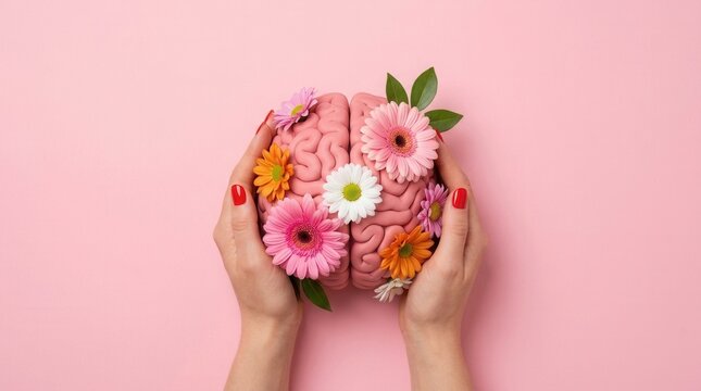 Positive thinking and mental health concept featuring hands holding a human brain adorned with flowers for self care.