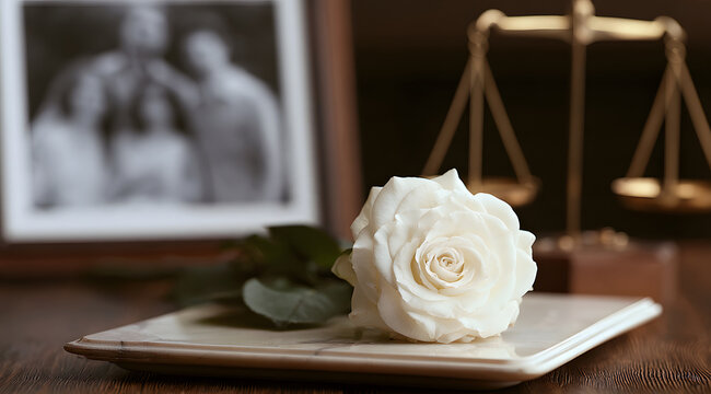 A white blossom atop a wooden surface, alongside a smudged family portrait and scales of justice, evoking themes of judicial sorrow and wrongful death claims.
