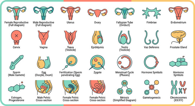 Human Reproductive Anatomy Medical Icons Set Female Male Uterus Ovary Cervix Testis Sperm Egg Fertilization Zygote Biology Education Vector Illustration