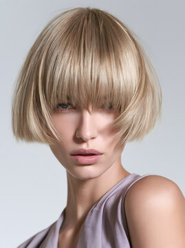A close-up shot of a young lady with a short blonde bob and side fringe, dressed in a chic lavender top, illuminated by studio lights.