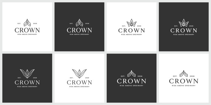 Set of eight royal crown logotype designs with decorative graphic elements