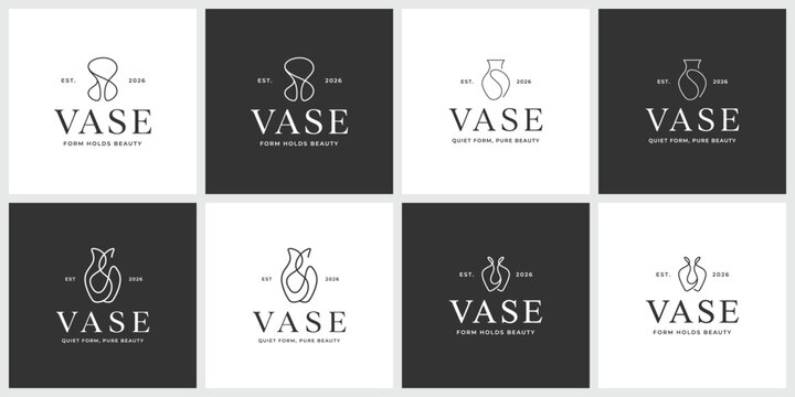 Set of eight boutique vase logotype designs with artistic line art illustrations