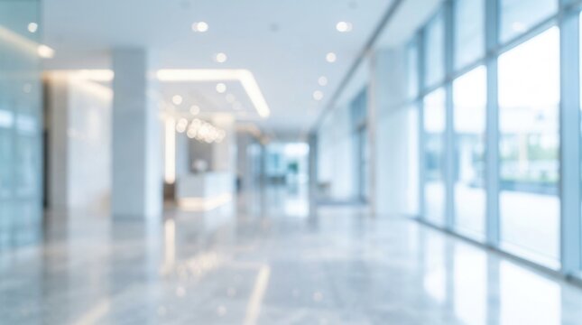 Blurred interior view toward a reception hall in a luxury white modern office building or hotel lobby with a blurry corridor and glass wall window.