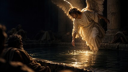 Fototapeta premium Angel touches water as a man watches in a dramatic scene. Golden light illuminates the sacred pool. This image evokes themes of miracles, healing, and divine intervention.