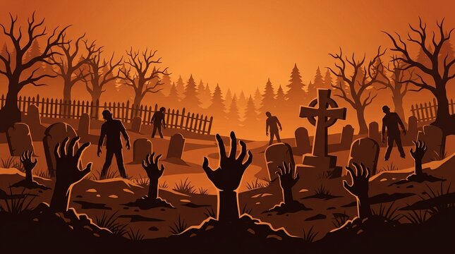 Spooky graveyard scene with zombies rising from graves under a glowing orange sunset sky at halloween