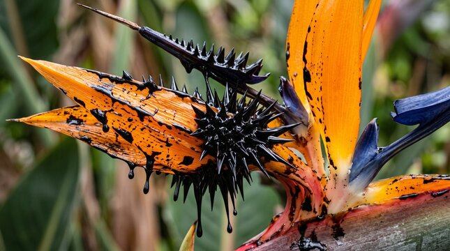 Bird of paradise flower covered in black viscous liquid dripping from sharp spiked thorns.