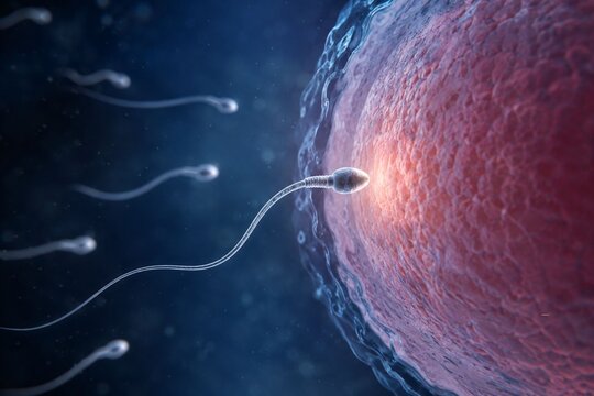 A microscopic 3D visualization showing human sperm cells swimming towards and attempting to fertilize an egg cell, illustrating the biological process of conception, human reproduction, and fertilizat