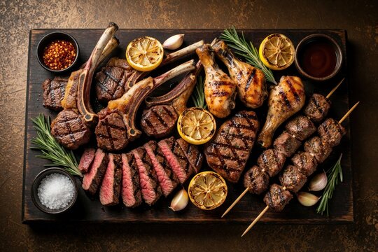 Delicious mixed grilled meat platter on wooden board. Assorted beef steaks, lamb chops, chicken legs, kebabs served with lemon, rosemary. Tasty BBQ feast features protein rich meal for dinner,