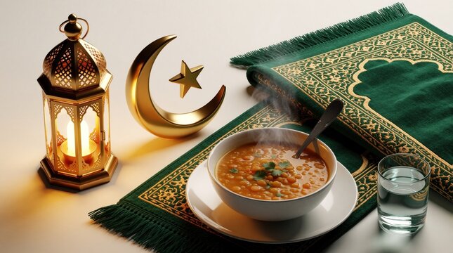Traditional Ramadan iftar meal with hot lentil soup, water glass, golden lantern. Green prayer mat, crescent moon, star ornament on white table. Muslim religious celebration, fasting break, holy