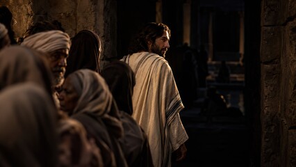Fototapeta premium Jesus walking among crowd of sick people at Bethesda pool. Man in white robe searching for sufferer to heal in ancient Jerusalem. Biblical healing miracle and gospel faith concept.