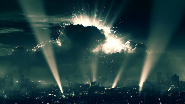 A spectacular nighttime city scene, marked by a huge explosion, with searchlights sweeping the dark sky