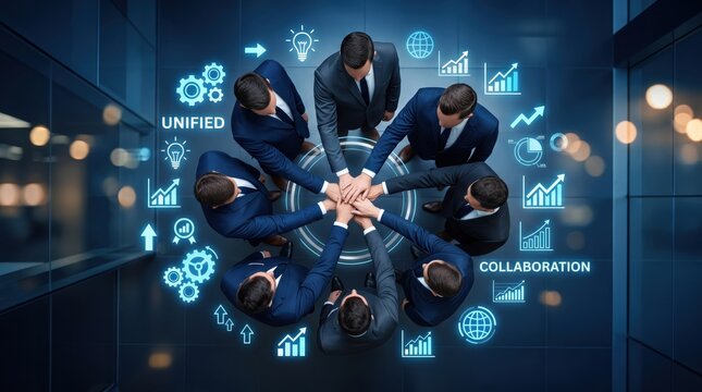 Business team unity and collaboration concept, overhead view of professionals joining hands in a circle surrounded by glowing digital icons representing growth and strategy.