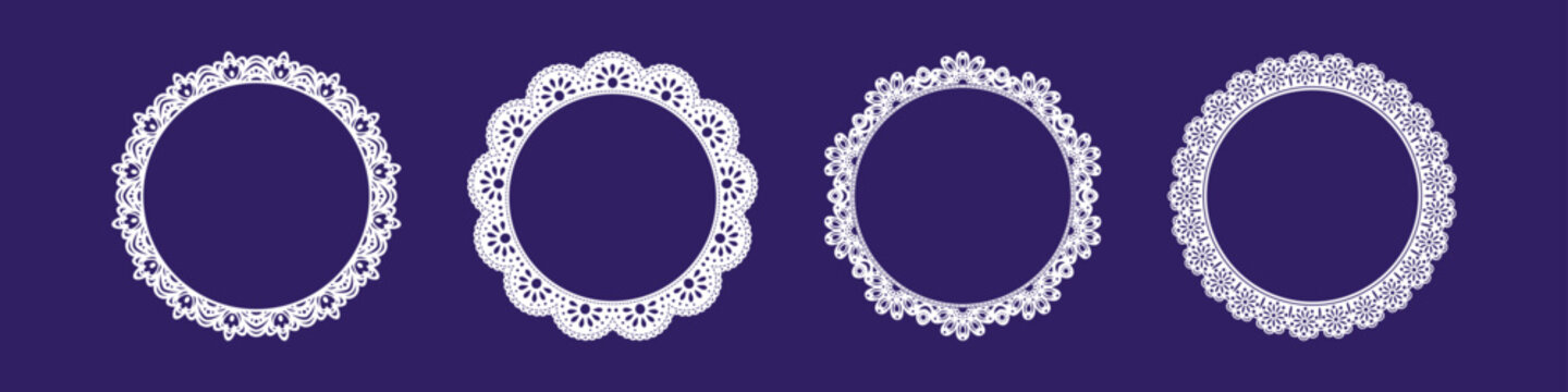 Vector set of elegant round lace frames with intricate floral ornament and vintage coquette details. Romantic lace wedding borders for cards, invitations and stationery.