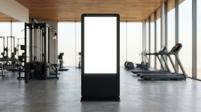 Modern gym interior featuring a blank advertising display for fitness, health, and marketing promotion campaigns
