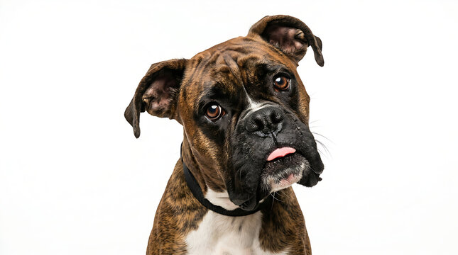 Adorable Brindle Boxer Dog Face with Tongue Out, Isolated on White and Transparent Background