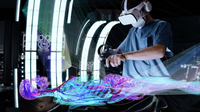 Doctor in VR headset performing digital surgery simulation with holographic anatomy projection. Sci-fi medical technology and AI healthcare background in futuristic clinic.