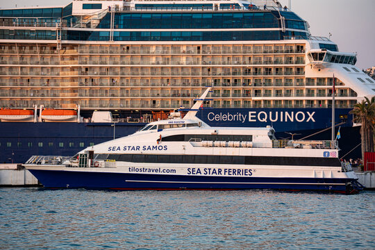 View of Sea Star Samos ferry and Celebrity Equinox in Kusadasi. Kusadasi, Turkiye - August 21, 2026.