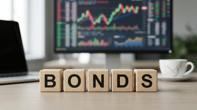 Bonds investment strategy concept featuring wooden blocks spelling bonds against stock market data